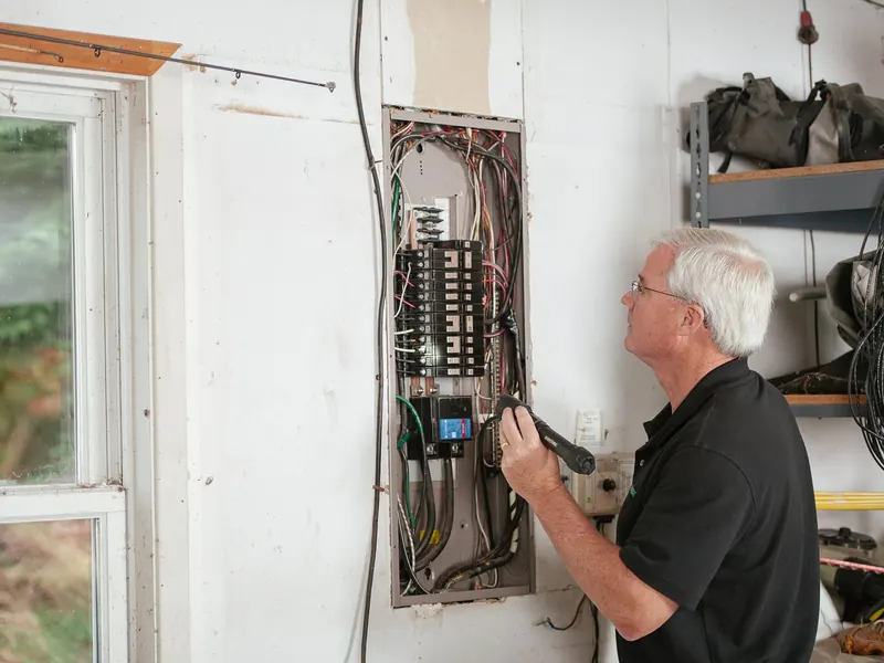 An electrician working inside an open residential breaker panel mounted on a garage wall